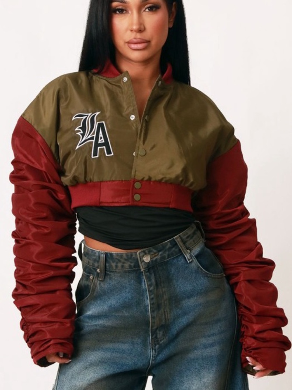 LA Cropped Two-Tone Burgundy and Olive Bomber Jacket